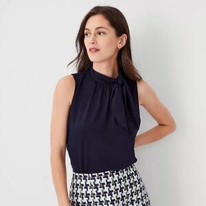 Ann Taylor Asymmetrical Tie Neck Knit Shell Color Navy